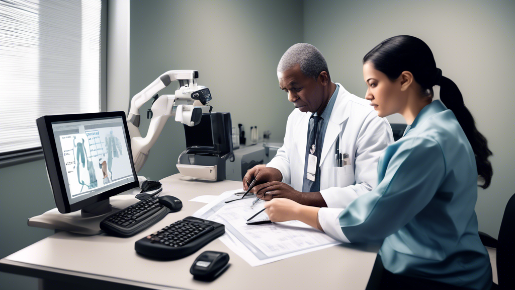 Create an image depicting the DOT physical exam process. The scene should show a medical examiner conducting various tests and evaluations on a commercial truck driver inside a well-equipped medical office. Include visual elements such as a vision test chart, blood pressure monitor, hearing test equipment, and the medical examiner filling out a DOT medical certification form. The setting should convey professionalism and thoroughness, emphasizing the importance of these evaluations to ensure driver eligibility for commercial transportation.