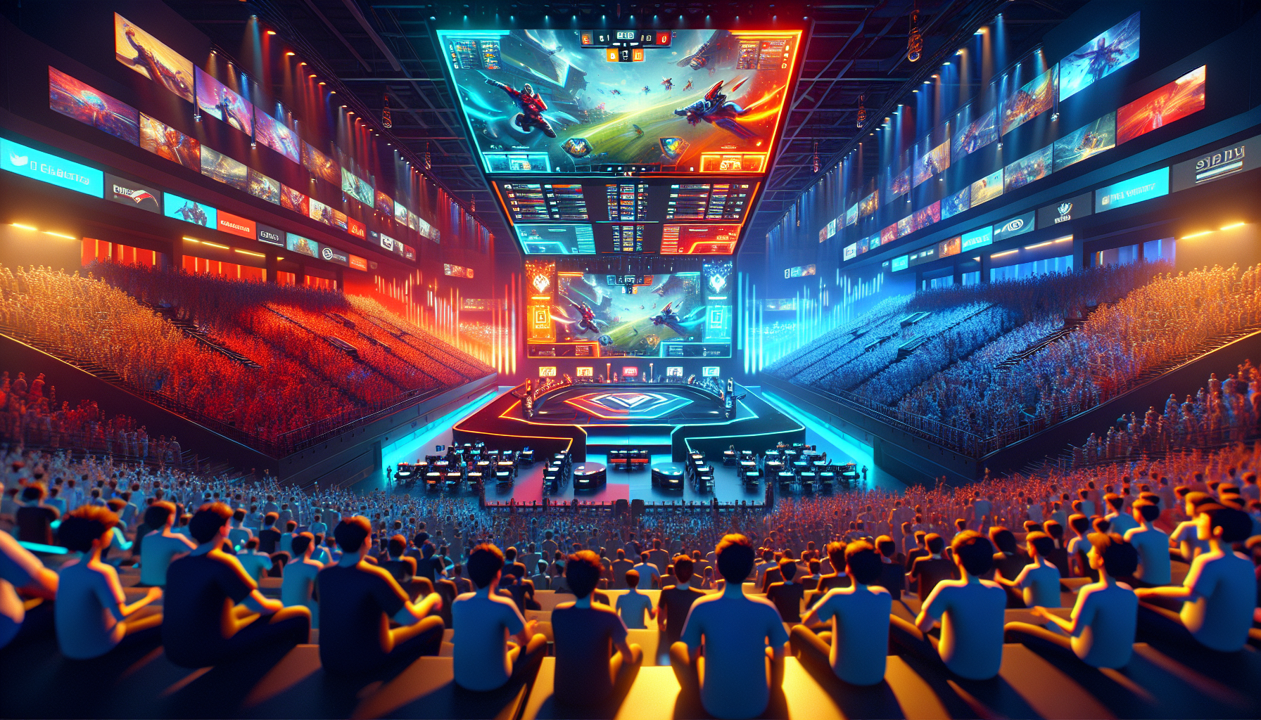 Create an image depicting a vibrant esports stadium filled with cheering fans, large digital screens showcasing intense esports competitions, and a juxtaposition with a traditional sports stadium. In the background, include elements of media integration like live streaming feeds and social media interactions on big screens, showing the crossover between traditional sports and esports. Set the scene with modern technology and energetic lighting to highlight the dynamic and immersive atmosphere of the event.