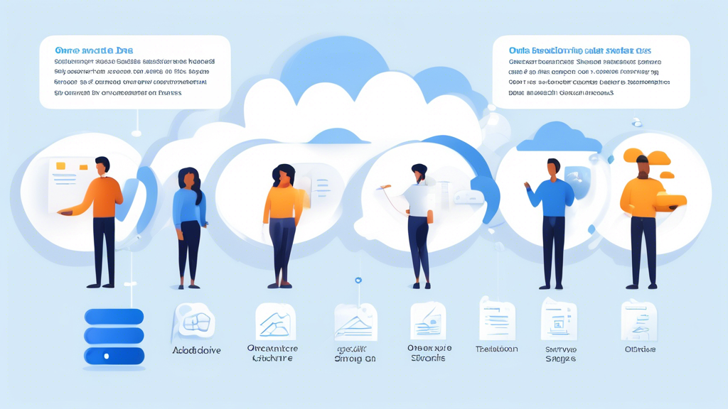 Create an image illustrating the significant benefits of using OneDrive for data storage. The image should depict a virtual cloud secured with encryption symbols, compliance checkmarks, and a group of diverse people collaborating in real-time on shared documents. Additionally, include a comparison chart showcasing cost efficiency, indicating OneDrive