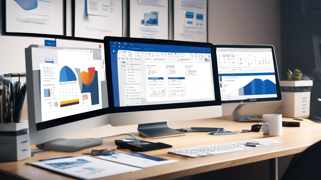 Create an image that depicts a professional workspace with a computer screen showing the OneDrive interface. On the desk, there are organized folders and documents, symbolizing efficient file management. Include visual elements like a checklist or calendar to represent backup strategies, and icons for advanced features like 