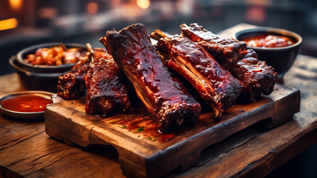 A rustic wooden table piled high with tender, smoky barbecue beef ribs, glistening with sauce, smoke faintly rising around them. Focus should be on the ribs themselves, making them look irresistible.  A small, blurred map in the background shows a location pinpointed on a city grid.