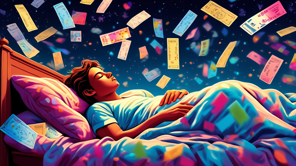 Create an image of a person sleeping peacefully in bed, with colorful lottery tickets floating around them in a dreamlike sequence. The tickets should be glowing with bright numbers and symbols, surrounded by a fantastic, surreal dream environment. The scene should convey a sense of wonder and possibility, capturing the magical moment when dreams and reality converge to bring unexpected fortune.