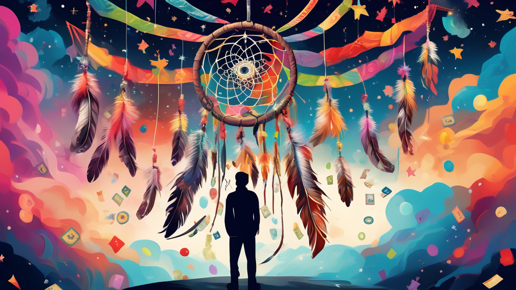 Create an image of a person standing in front of a colorful dreamcatcher, surrounded by floating lottery tickets with numbers and dream symbols on them. The person is deep in thought, trying to interpret their dreams to accurately predict lottery numbers. The background is filled with clouds and stars, conveying a sense of mystery and wonder.