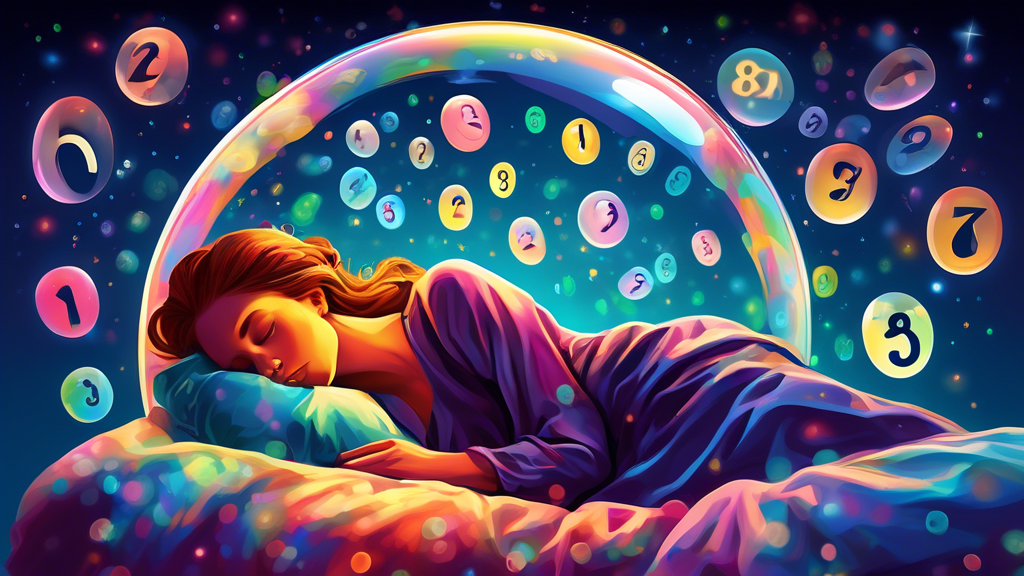 Create an image of a person sleeping peacefully with a glowing dream bubble above their head, containing lottery numbers and symbols related to gambling and luck. The scene should convey a sense of mystery and anticipation, capturing the concept of using dreams for predicting lottery numbers.