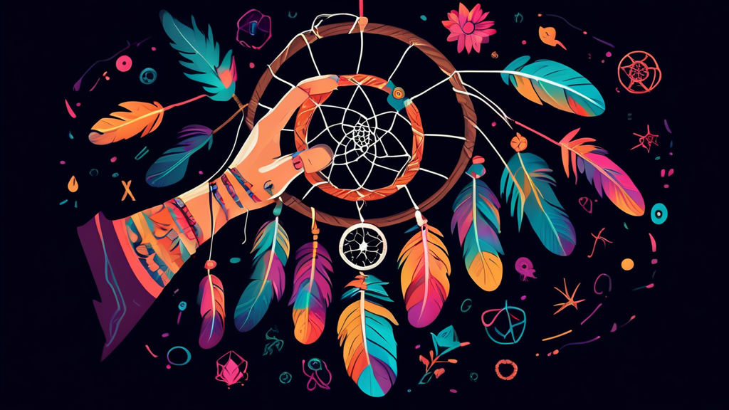 Create an image of a hand holding a dreamcatcher, with various mystical symbols and numbers floating around it. The dreamcatcher should be intricate and colorful, set against a dark background to give it a mysterious and mystical vibe.