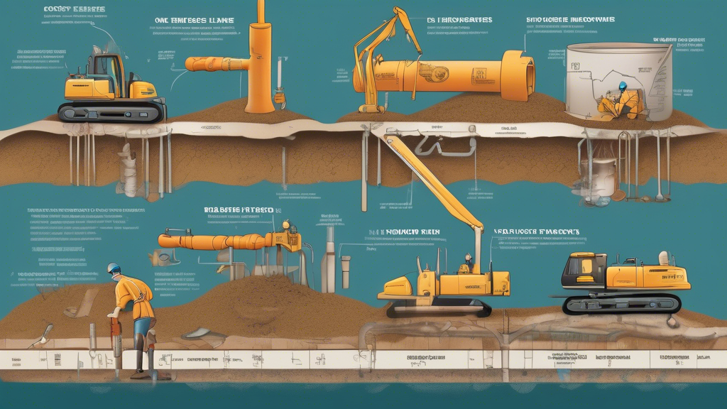Create an illustration showing various factors influencing the cost of trenchless sewer line replacement. The image should be divided into three sections: one showing extensive damage and longer pipe lengths, another depicting material and equipment expenses with items like pipes and specialized machinery, and the last one illustrating labor, permits, and site preparation costs with workers, permits, and a prepared site scene. Each section can have labeled arrows pointing to the relevant elements, highlighting how these factors contribute to the overall cost.