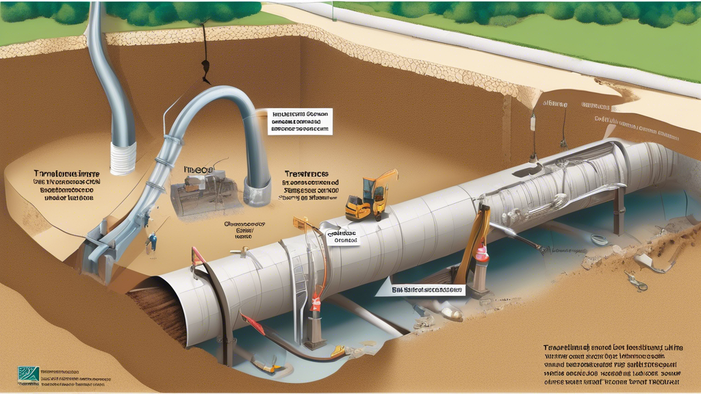 Create an image comparing trenchless sewer line replacement with traditional trenching methods. Include a split-view showing trenchless technology on one side with minimal surface disruption and modern machinery, and traditional trenching on the other side with significant excavation, digging equipment, and disrupted landscapes. Add text labels for 
