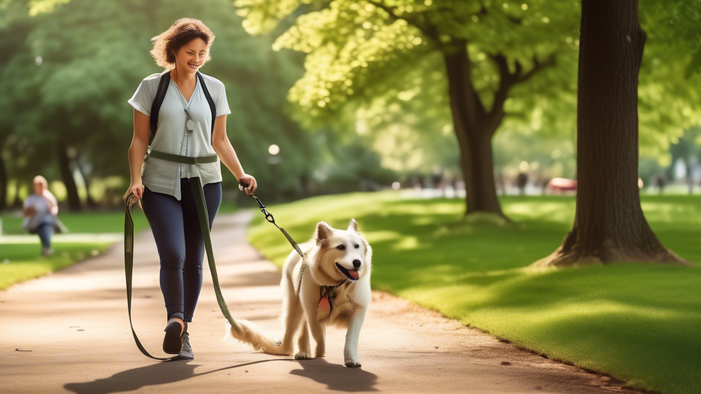 Create an image showing a person using a hands-free leash to walk their large, energetic dog in a park setting. The person appears stable and in control, showcasing the leash system attached around their waist. Nearby, another person struggles to manage their dog with a traditional handheld leash, highlighting the contrast. The background features lush greenery and a safe, serene environment to emphasize improved safety and control.