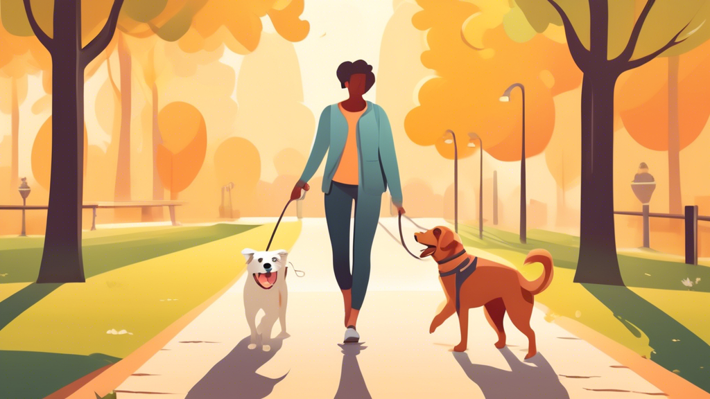 Create an image depicting a serene park setting where a person is walking their dog using a hands-free leash. The person appears relaxed and happy, and both the owner and the dog are enjoying the walk together. The scene should emphasize the physical activity and bond between the owner and pet, highlighting the benefits to their physical and mental well-being. Include elements like sunny weather, green trees, and a clear path to capture the invigorating atmosphere.