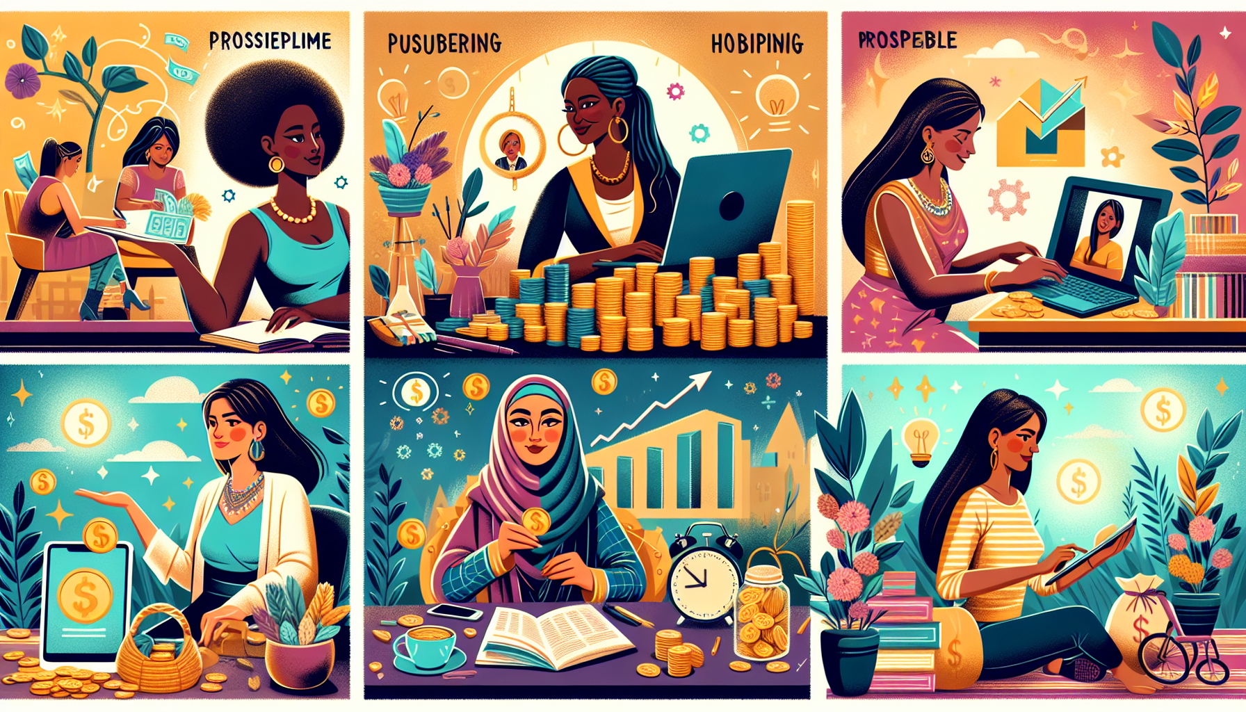 / prompt: Create an image that showcases diverse women engaged in various profitable side hustles. Feature scenes of a woman freelance writing on a laptop, another woman online tutoring students, one creating handmade crafts, and another consulting clients via video call. Include elements that highlight the profitability and success, such as stacks of dollar bills, a growing chart, and satisfied customers. Ensure the background depicts a warm and supportive environment, emphasizing the empowerment and independence these side hustles bring. /