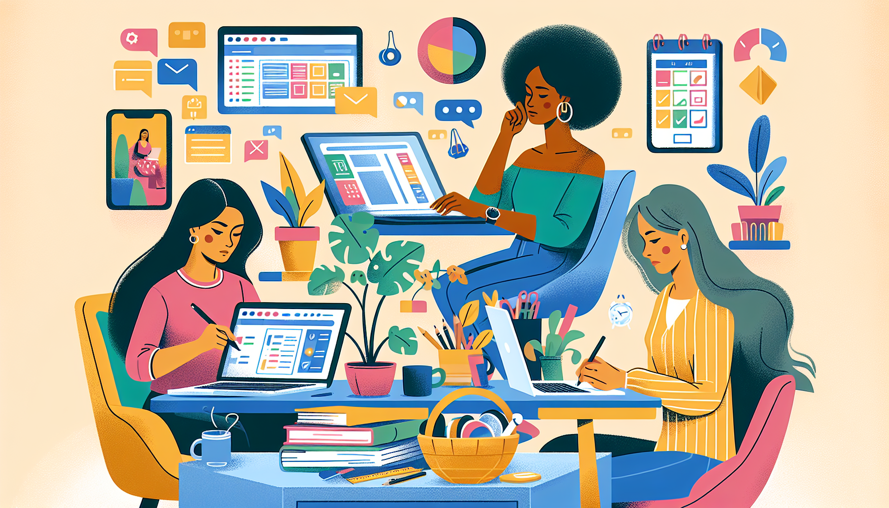 Create an image depicting a diverse group of women using laptops, planners, and mobile devices in a cozy home office setting. Each woman is engaged in different profitable activities like freelance writing, online tutoring, and crafting. Include visual elements that emphasize time management tools such as calendars and to-do lists, as well as digital tools like productivity apps on their screens. The environment should feel supportive and organized, with a focus on balancing work tasks and personal life. Keywords: side hustles for women, work-life balance, time management, diverse group, home office.