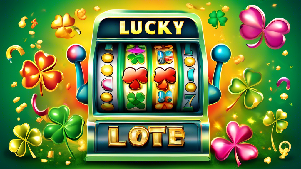 Create an image of a modern, sleek slot machine with symbols representing traditional lucky charms such as four-leaf clovers, horseshoes, and lucky number 7s, surrounded by question marks and a mix of realistic and whimsical elements blending the concepts of luck and chance.