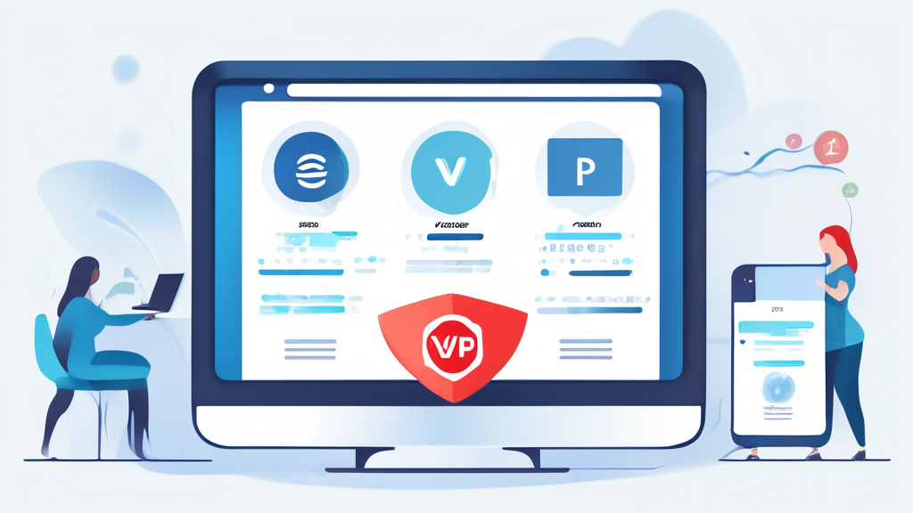 Create an image of a computer screen displaying a comparison chart of the top three VPN services for 2022: ExpressVPN, NordVPN, and CyberGhost. Each VPN service should be represented with its logo and key features such as speed, security, and usability. Additionally, show a user thoughtfully considering the options, perhaps with a checklist or magnifying glass, symbolizing thorough evaluation and decision-making. The background should include subtle elements representing internet security and global connectivity, like padlocks and a world map.