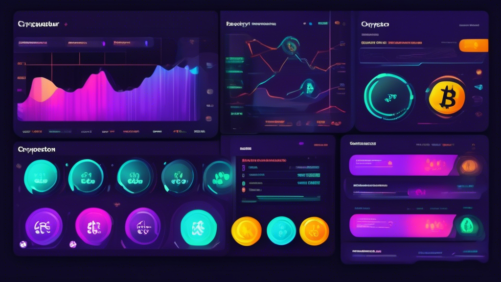 Create an image of a user-friendly digital dashboard with multiple screens that highlight key steps for beginner cryptocurrency traders. Include graphics of selecting a cryptocurrency exchange, setting up a trading account, and icons/tools for fundamental and technical analysis. Use a modern, clean design with vivid colors to make the dashboard engaging and easy to understand.