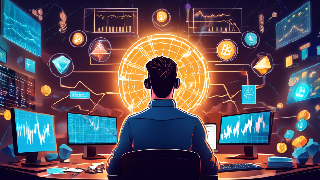 A lively digital illustration of a novice trader sitting at a desk with multiple computer screens displaying cryptocurrency charts. The trader is surrounded by books and notes on risk management, reliable news sources for staying informed, and tips from experienced traders. The backdrop includes symbols of major cryptocurrencies like Bitcoin, Ethereum, and various altcoins. The scene should convey a sense of learning, careful planning, and a vigilant approach to trading.