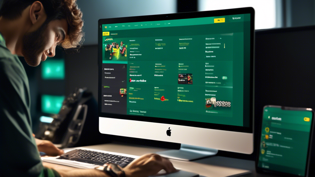 Create an image of a person effortlessly setting up their Bet365 esports betting account on a desktop computer. The screen should show the Bet365 website, highlighting sections for creating an account, depositing funds, and navigating to the esports section. Around the person, include icons or illustrations symbolizing secure transactions, user-friendly interface, and key features and tools related to esports betting. The overall mood should convey ease of use, reliability, and excitement for online gaming betting.