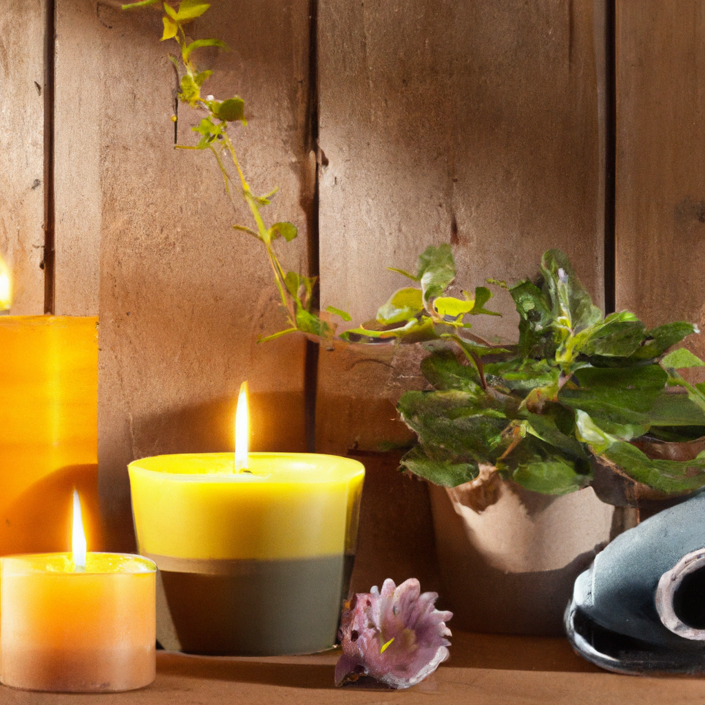 Create an image depicting a cozy New Zealand home setting adorned with various popular natural candle scents such as lavender, sandalwood, and citrus. The scene should emphasize the soothing ambiance and well-being benefits provided by these natural scents. Include elements like a rustic wooden table, indoor plants, and soft lighting to enhance the relaxation theme. Keywords: