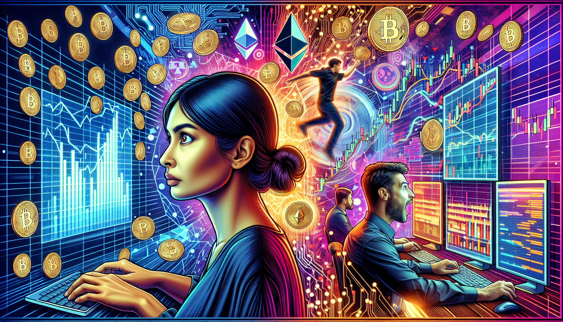Create an image that captures a comparative analysis between long-term and short-term cryptocurrency investments. On one side, depict a patient investor researching extensively, with charts and graphs, indicating long-term strategy. On the other side, show an energetic trader actively monitoring multiple screens with real-time data and candlestick charts, representing short-term investments. Use modern, sleek visuals with a focus on cryptocurrency symbols like Bitcoin, Ethereum, and blockchain graphics to emphasize the digital nature of the market.