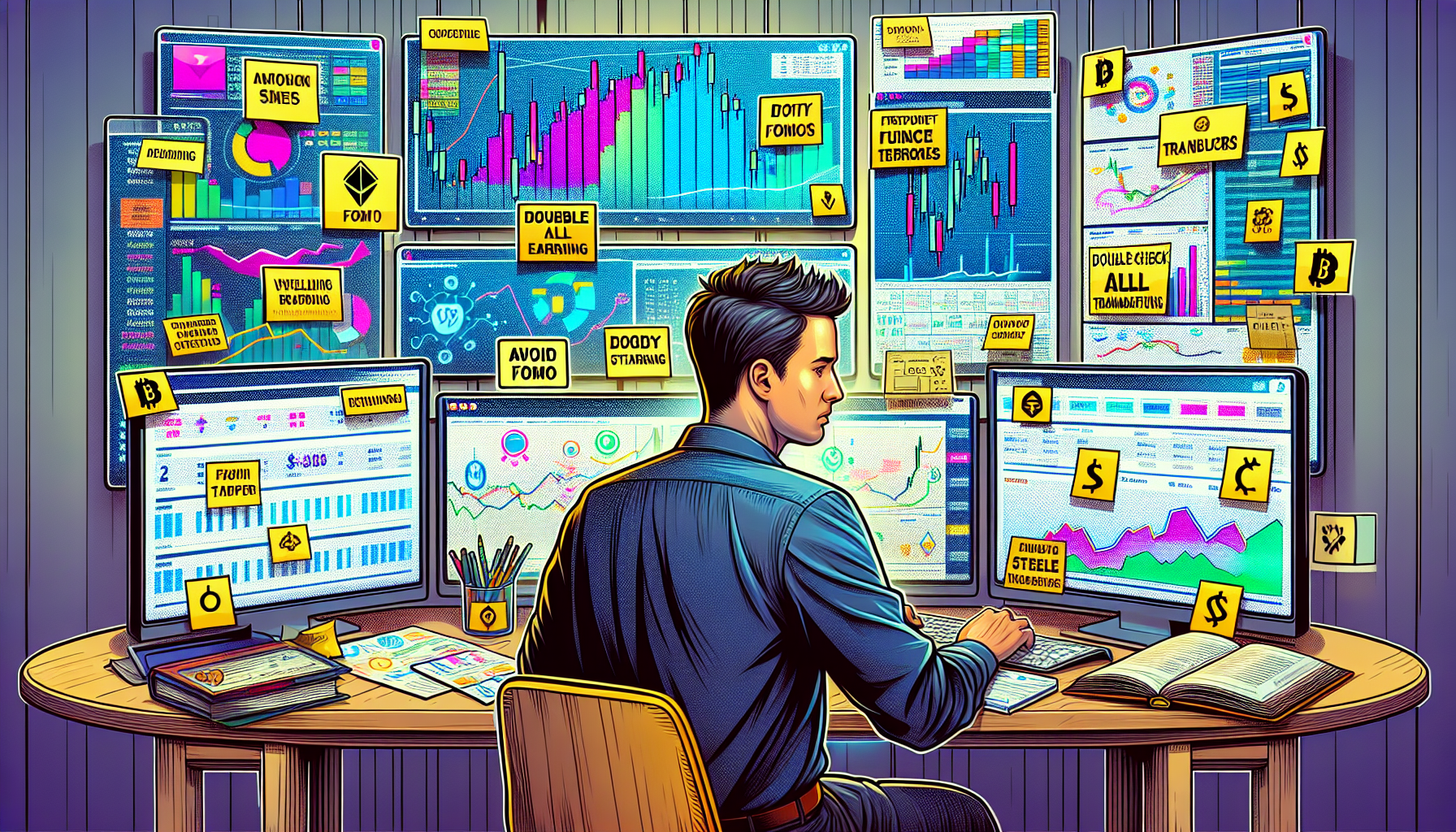 Create an image that depicts a trader at a desk, surrounded by multiple screens displaying various cryptocurrency market data and charts. The desk has books and notes that focus on crypto trading strategies. Include visuals of popular and reliable cryptocurrency exchanges and platforms like Binance and Coinbase in the background. The atmosphere should convey a sense of concentration and continuous learning, with subtle reminders of common beginner mistakes, such as a sticky note that says Avoid FOMO and Double-check all transactions.
