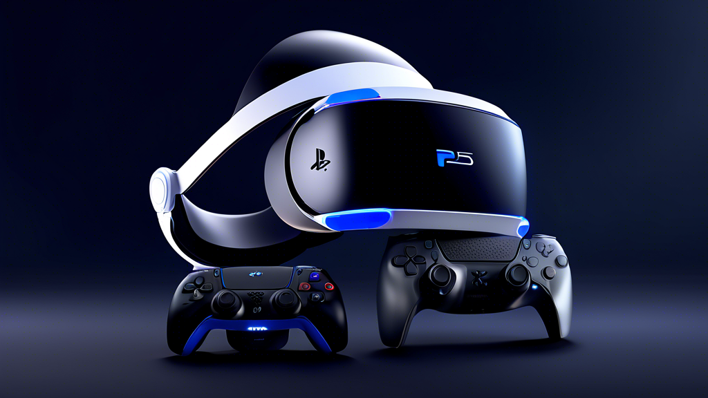 Create an image depicting the PS5 VR 2 headset alongside its advanced controllers. The VR headset should showcase high resolution, sleek design, and wide field of view lenses. The controllers should highlight haptic feedback and precise tracking capabilities. Include a subtle comparison chart in the background indicating key specifications like resolution, frame rates, and field of view, contrasting PS5 VR 2 with other VR systems on the market. Make sure the focal point is on the innovation and advanced features unique to PS5 VR 2.