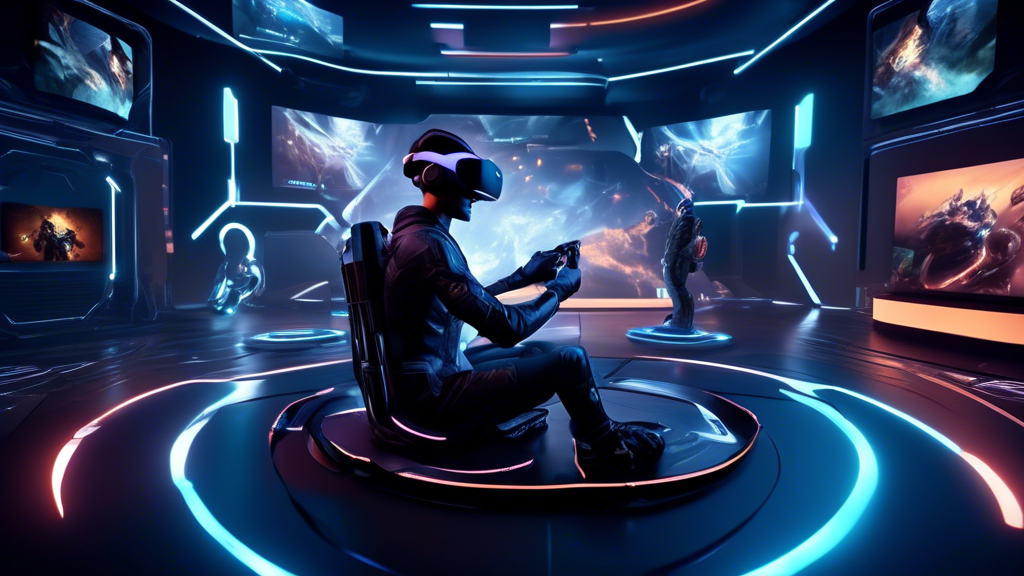 Create an image of futuristic gaming set in an immersive virtual reality world with graphical displays highlighting the titles of anticipated and exclusive PS5 VR 2 games. Feature vibrant, action-packed scenes from various game genres like fantasy, sci-fi, and sports, demonstrating how the advanced hardware (haptic feedback, high resolution, and eye-tracking) enhances the experience. Include snippets of players with VR headsets and controllers, fully engrossed in their virtual adventures, to showcase the immersive power of PS5 VR 2.