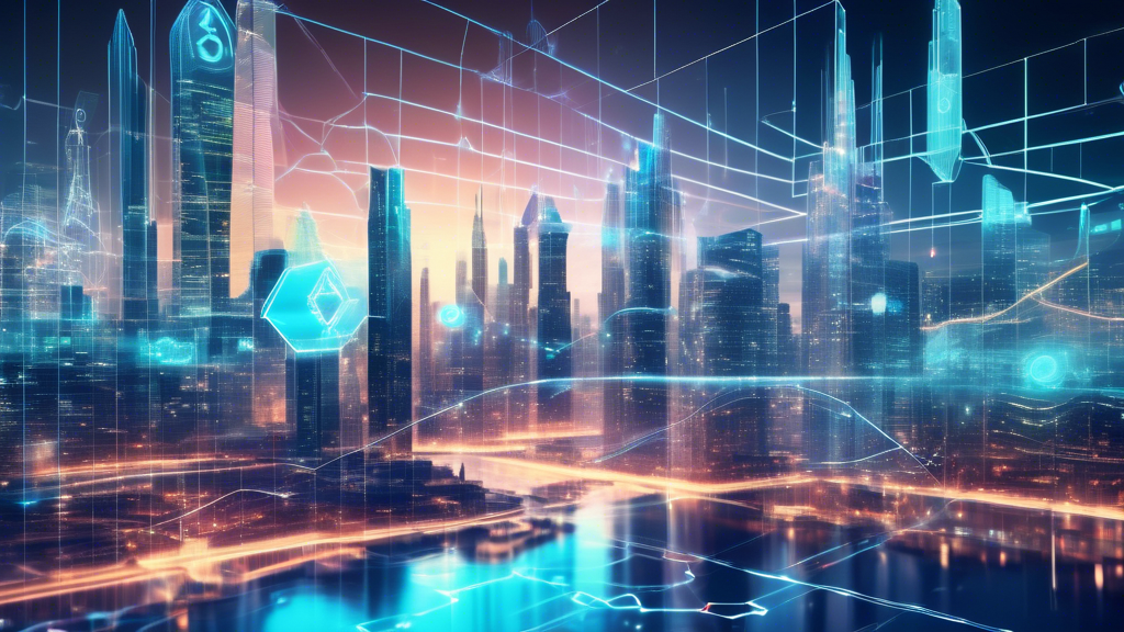 Create an image showing a futuristic financial landscape where traditional banks and cryptocurrency exchanges are seamlessly integrated. Include elements like blockchain technology visuals, holographic stock charts, and digital currencies being traded alongside traditional ones. Highlight a blend of modern cityscapes with digital interfaces, symbolizing the convergence of finance and cryptocurrency. The image should evoke innovation, strategic investment opportunities, and a forward-thinking financial ecosystem. Keywords to guide the design: finance, cryptocurrency, blockchain, integration, futuristic.