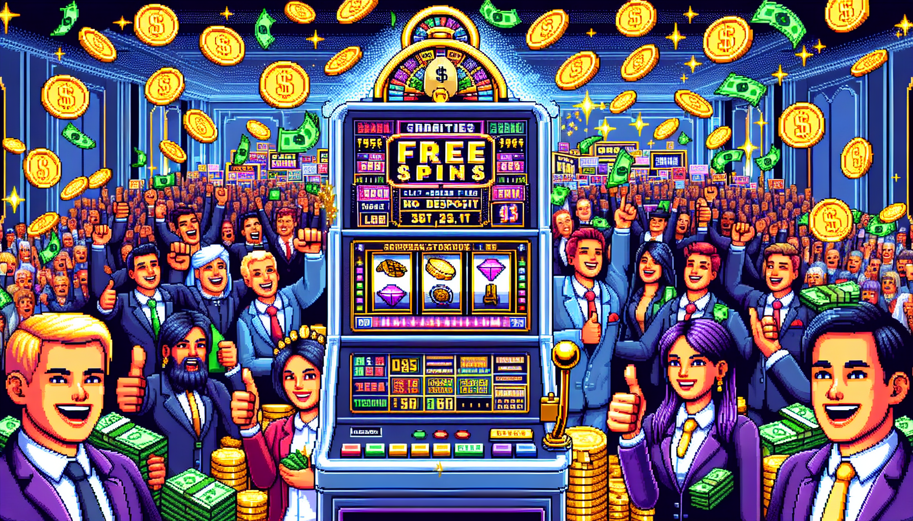 Create an image portraying an online casino scene with a vibrant slot machine in the foreground showing Free Spins No Deposit on its screen. The slot machine should be surrounded by dollar bills, gold coins, and spinning reels indicating wins. In the background, show happy players celebrating, holding thumbs up and big winning checks. Include visual cues like charts or graphs suggesting strategies and pitfalls, adding a few success story snippets like headlines in a newspaper format. Make the atmosphere lively and exciting.