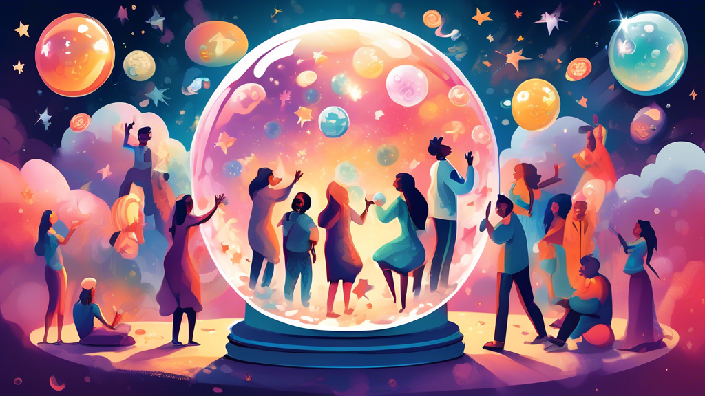 Create an image of a group of people eagerly watching a crystal ball, with dreamy expressions on their faces, surrounded by floating lottery numbers and dream symbols like clouds, stars, and coins. Make the scene mystical and filled with anticipation to convey the concept of people believing in dreams for lottery predictions.