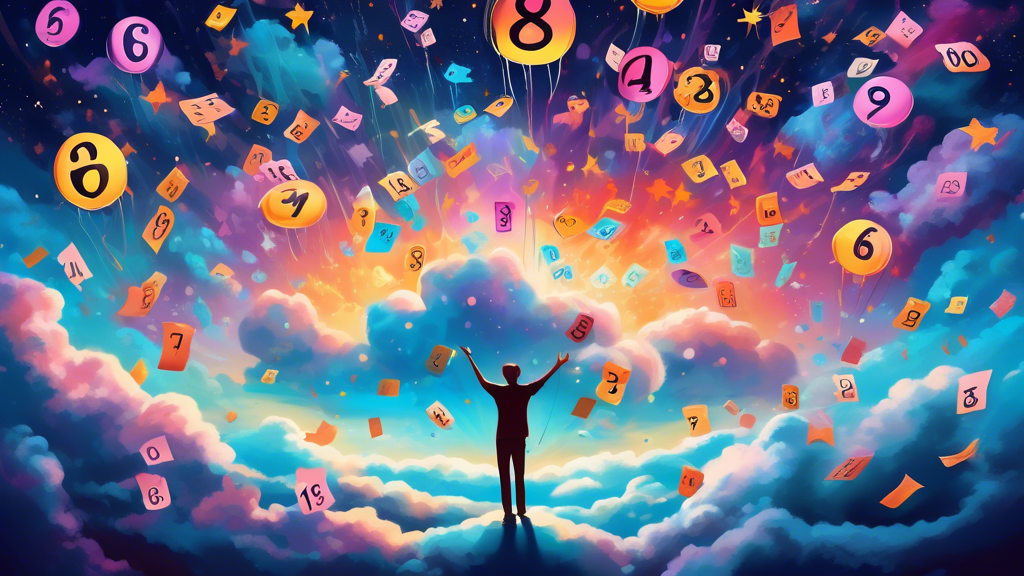 Create an image of a dreamy and mystical scene where floating lottery numbers are surrounded by clouds and stars, with a person dreaming in the center, reaching out to touch the numbers. The colors should be vivid and magical, evoking a sense of mystery and guidance.