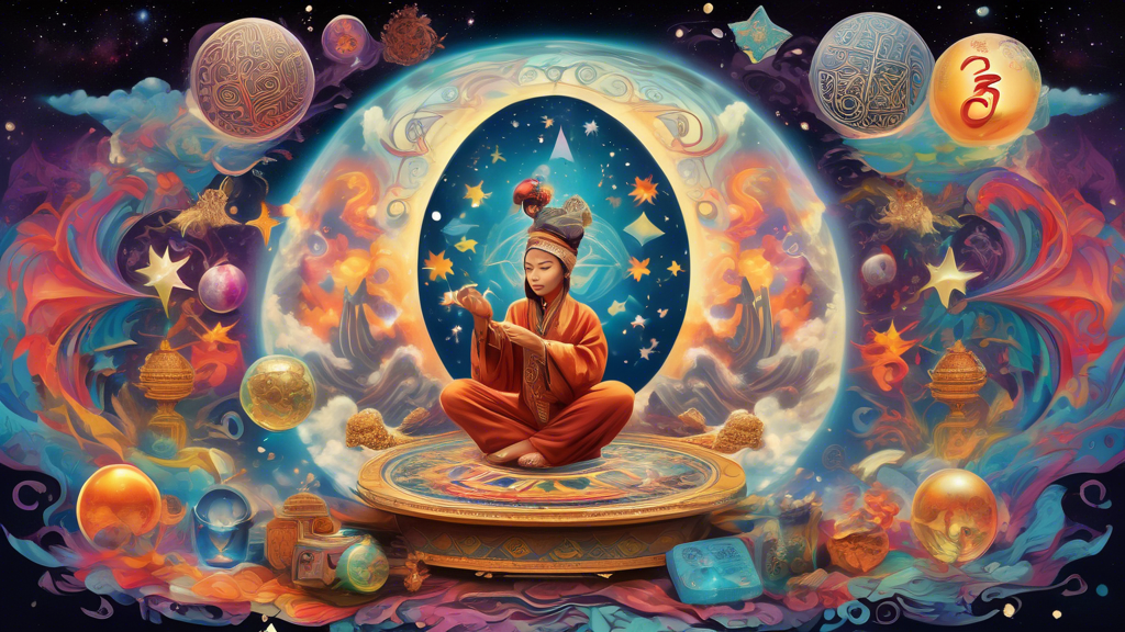 Create an image of a mystical figure surrounded by dream symbols, such as stars, clouds, and a crystal ball, all set against a backdrop of swirling colors and patterns reminiscent of a dream world. The figure could be holding a traditional Indonesian lottery ticket, blending elements of mythology and fortune-telling with the cultural practice of predicting numbers for the Togel lottery.