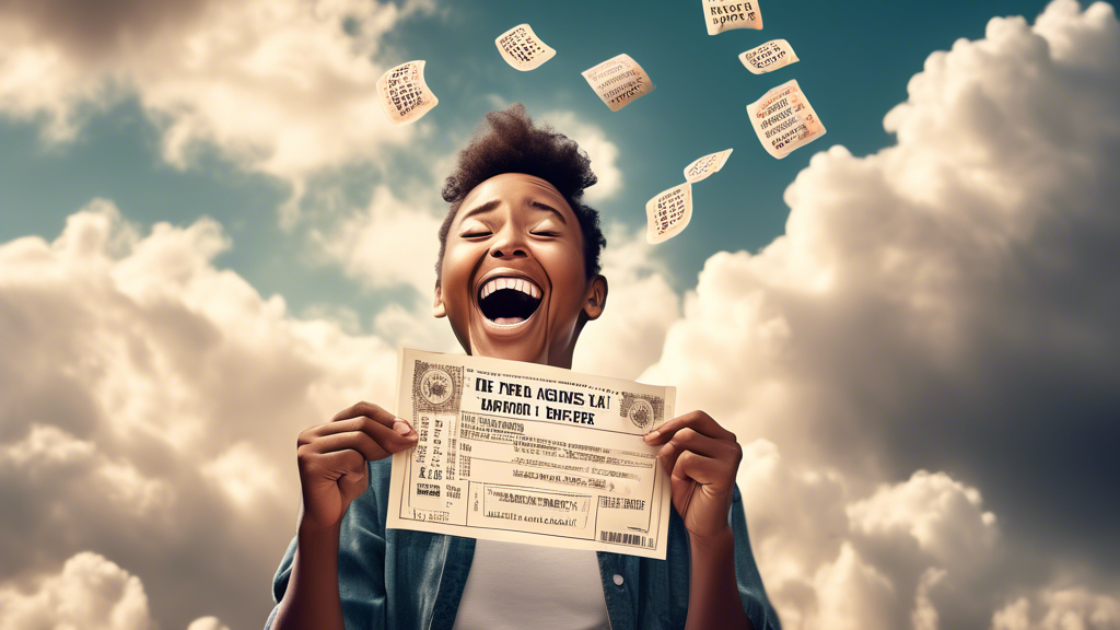 Create an image of a person holding a winning lottery ticket, with dreamy clouds in the background and a look of pure joy and disbelief on their face. The person should be surrounded by inspirational quotes and words like dream, believe, achieve, and success. The overall mood of the image should be hopeful and motivating, capturing the essence of the article