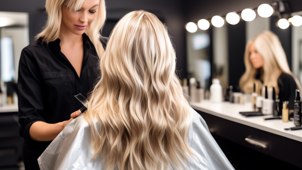 Create an image that illustrates the steps to achieving elegant cool blonde foils at a salon. Show a chic salon interior with a professional stylist applying foils to a customer