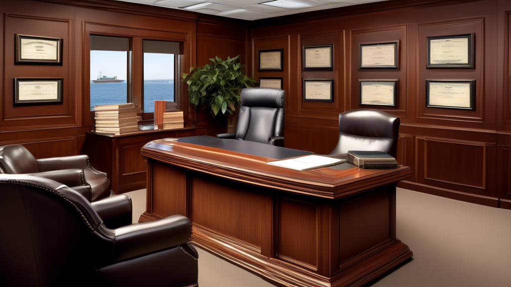 Create an image illustrating a professional office setting where a client is meeting with a seasoned attorney specializing in maritime law. The attorney’s desk should be adorned with legal books including titles on maritime law and case files labeled Barge Accident. The background might include framed certificates and a model of a barge. The atmosphere should reflect professionalism, expertise, and trust, with the attorney attentively listening and providing clear advice, highlighting strong communication and accessibility.