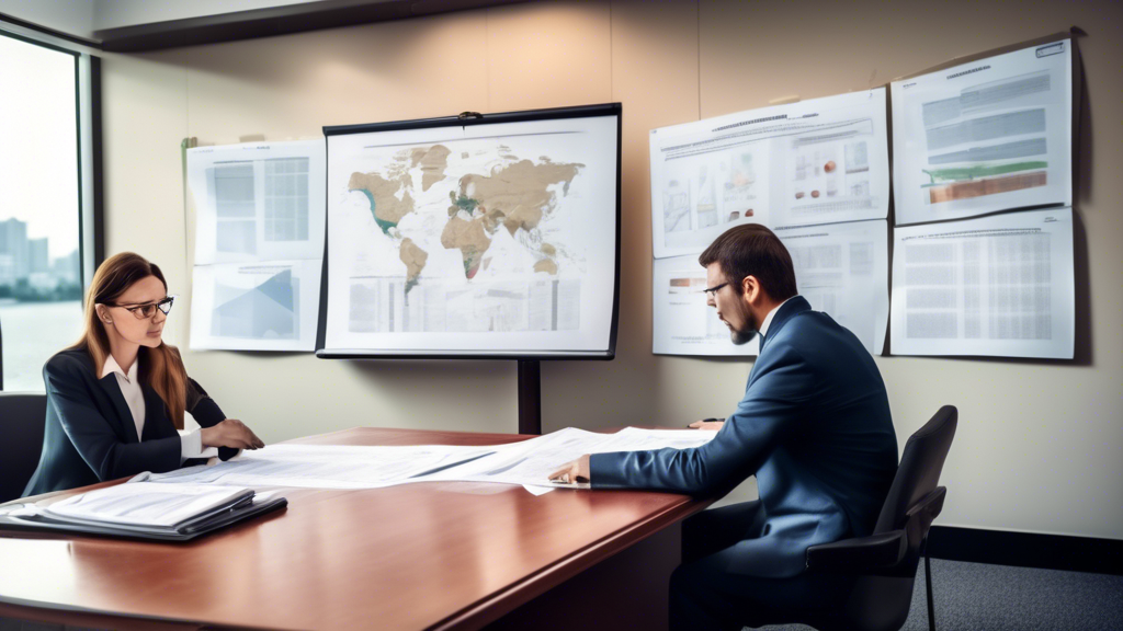 Create an image that illustrates a professional legal consultation setting focused on maritime law. In the scene, a client is sitting across the table from a specialized barge accident attorney. The table is filled with case documents, including charts, and accident reports that hint at a barge accident case. The attorney is pointing at a detailed strategy plan on a flip chart or a laptop screen. Emphasize the attorney-client interaction capturing an atmosphere of trust and professionalism, with hints of maritime elements like a model barge or marine-themed decor in the background. Ensure the environment appears formal and organized, reflecting the initial consultation and case evaluation process.