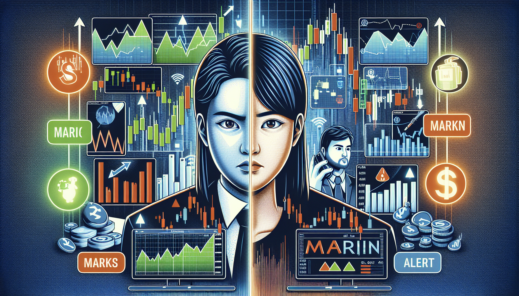 Create an image depicting a split-screen illustration on the theme of TD Ameritrade Margin. On one side, show the potential advantages of margin trading, such as a person successfully achieving high financial gains while surrounded by upward-trending graphs and a feeling of accomplishment. On the other side, illustrate the common risks, including a stressed individual facing financial loss, downward-trending charts, and warning signs, symbolizing the volatility and dangers. The backdrop should feature subtle TD Ameritrade branding elements to set the context.