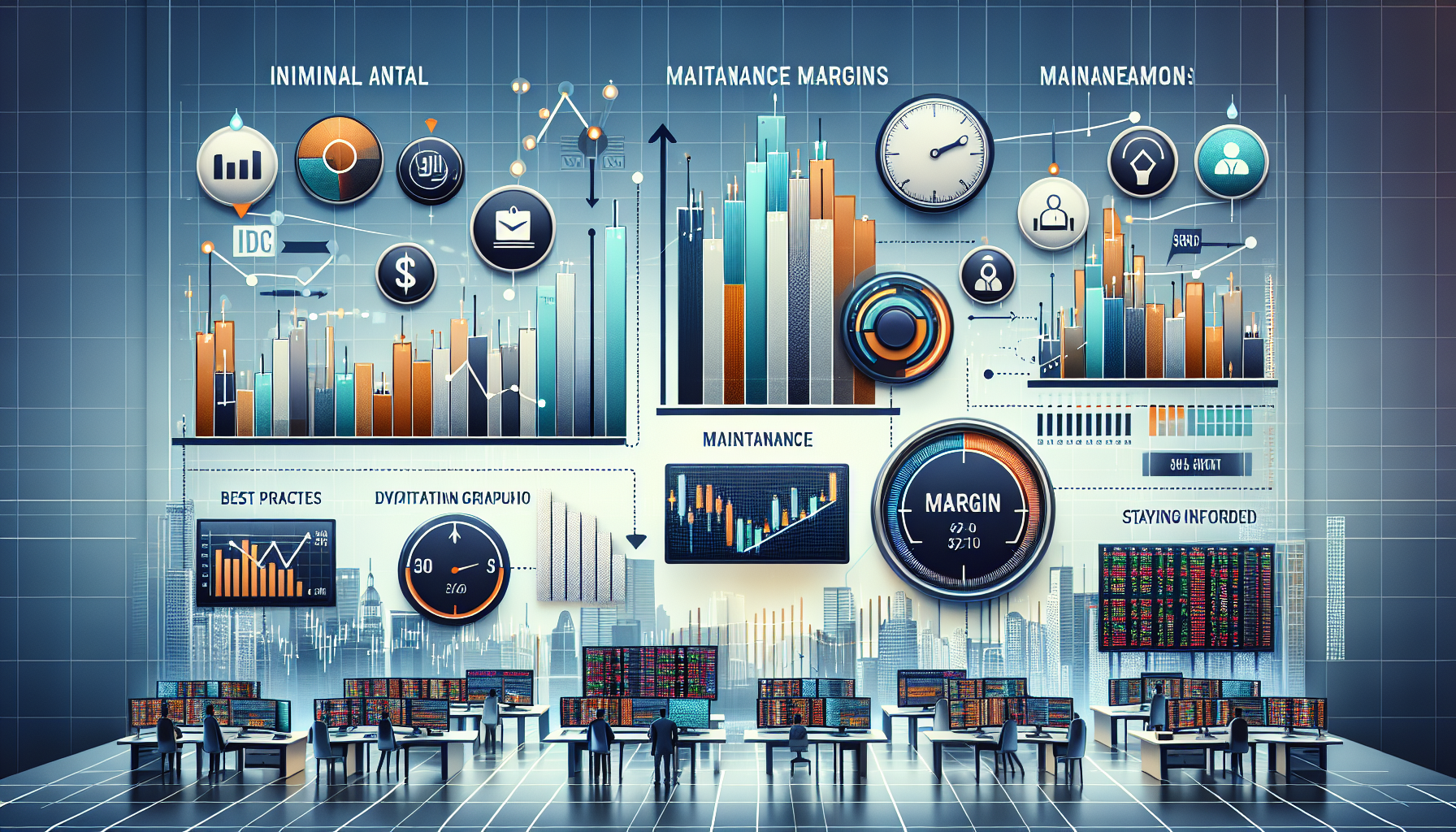 Create an image depicting the essentials of TD Ameritrade margin requirements and best practices. The illustration should include a visual representation of initial and maintenance margin requirements, such as a scale or graph, alongside best practices like Diversify Portfolio, Monitor Margin Levels, and Stay Informed. Elements like the TD Ameritrade logo and a backdrop of a busy trading interface with market charts should be incorporated to establish context. The design should be clean, modern, and educational, aimed at helping users make informed and smart margin decisions.