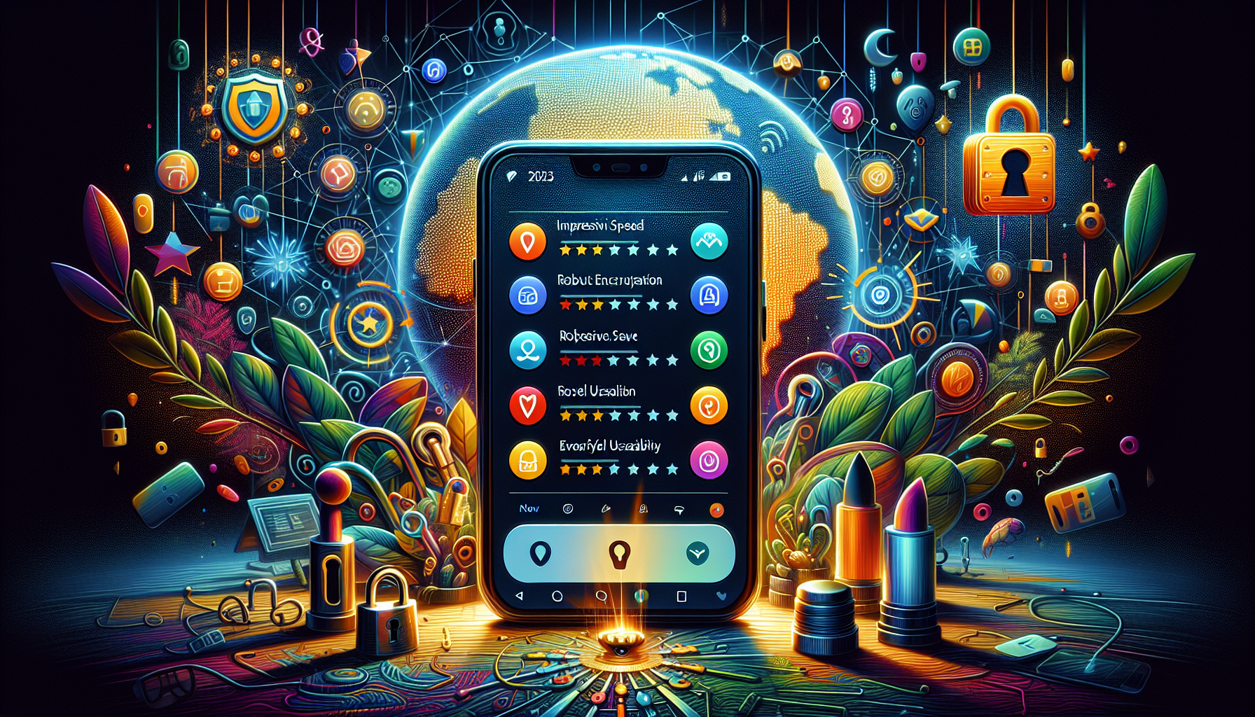 Create an image depicting a sleek, modern Android smartphone displaying a list of the top free VPN services for 2023. The phone screen shows app icons and brief reviews of each VPN service, with vibrant graphics highlighting their key features like high-speed performance, strong encryption, and ease of use. In the background, incorporate elements symbolizing security, such as padlocks, shields, and a connected world map to emphasize global access. Make the scene inviting and user-friendly, capturing the essence of navigating secure and freely accessible internet on an Android device.