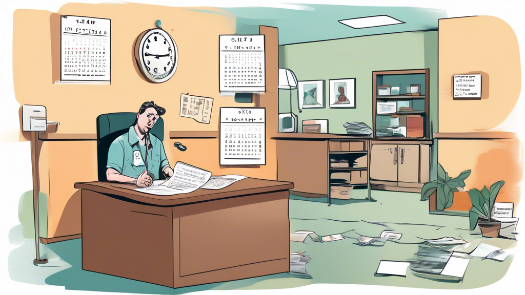 DALL-E Prompt: A truck driver sitting in a clinic waiting room, looking stressed while examining a bill. In the background, a calendar with various marked follow-up appointments, a clock showing work hours, and legal documents stack up on a table, highlighting the hidden costs beyond the initial DOT physical examination.