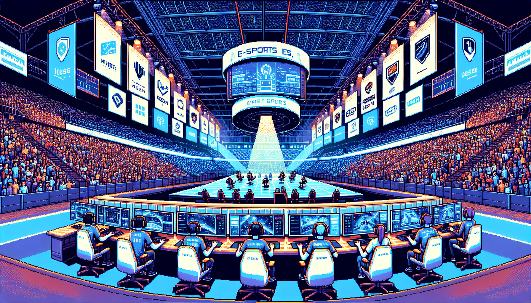 An illustration of a modern esports tournament setup inside a large, buzzing arena filled with cheering fans. In the foreground, high-tech gaming stations are arranged for a major competition, with teams of players focused intensely on their screens. Large LED screens display the gameplay, with live commentators narrating the action. Banners of major esports leagues such as ESL, Overwatch League, and League of Legends Championship Series are prominently displayed. Corporate logos of sponsors and media partners line the perimeter, showcasing the financial ecosystem supporting the event. The atmosphere is electric, capturing the excitement and structure of a well-organized gaming tournament.