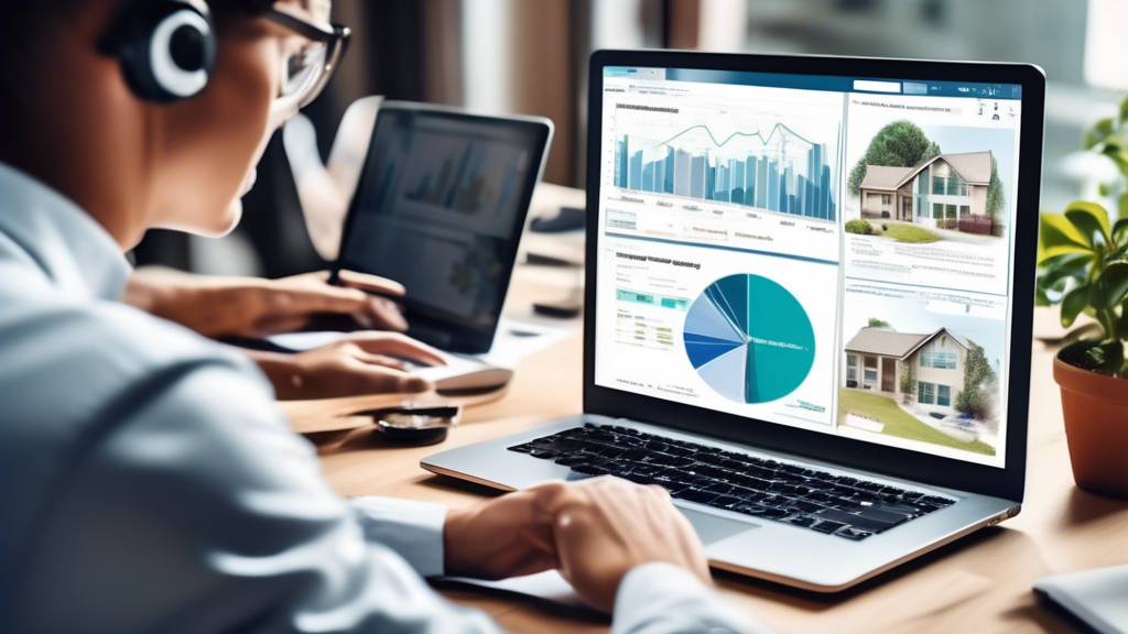 Create an image that captures the process of researching the market for land sale opportunities. The scene should feature a person working on a laptop, surrounded by real estate websites and tools on the screen. Include elements like graphs, charts, and market trends to show analysis. Another part of the image should depict the person networking with real estate agents and local experts, possibly through a video call or a face-to-face meeting, suggesting the importance of expert advice and connections. Background elements should subtly hint at land properties, such as land maps and brochures.