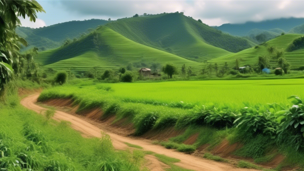 A picturesque plot of land with diverse topography, including flat areas, gentle slopes, and a few rolling hills. The soil looks nutrient-rich and fertile, ideal for agricultural or residential use. The land features basic infrastructure with visible utility poles, a well-maintained dirt road providing access, and a nearby water source. A small creek runs through part of the property, lined with lush, green vegetation. In the background, the land opens up to a wooded area with mature trees, indicating diverse environmental conditions. Clear skies highlight the natural beauty and potential of this perfect plot of land for sale.