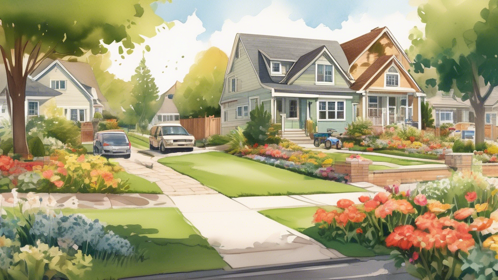 Create an image showcasing a serene suburban neighborhood where minimal excavation is visible. Highlight a small, discreet repair site for a trenchless sewer line repair in progress. In the forefront, display happy homeowners enjoying their well-maintained yard, with lush greenery and flowers undisturbed. Emphasize the contrast between minimal disruption and the efficient operation in the background, possibly showing advanced machinery or technology used in the trenchless process. Include a subtle comparison to traditional methods, perhaps by showing a smaller inset image with trenches and heavy excavation machinery for reference.