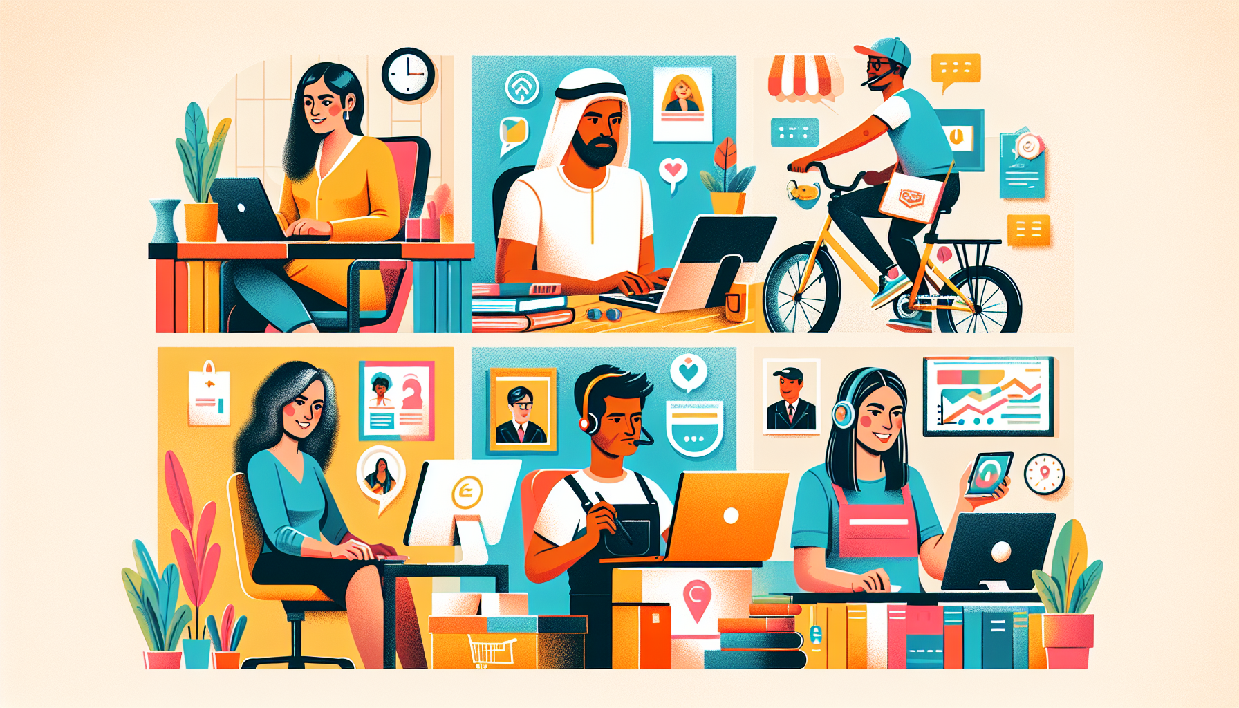 Create an image that showcases a variety of legit side hustles that people can start today. The image should feature diverse characters engaged in different side hustles: a freelancer working on a laptop, an online tutor teaching through a webcam, a gig economy worker making a delivery, a person managing an e-commerce store on their computer, and a remote customer service representative talking on a headset. The background should display a home office environment with elements like books, packages, and other work-from-home essentials. The overall vibe should be motivational and inspiring, highlighting the opportunities of these side hustles. 

Keyword: legit side hustles.