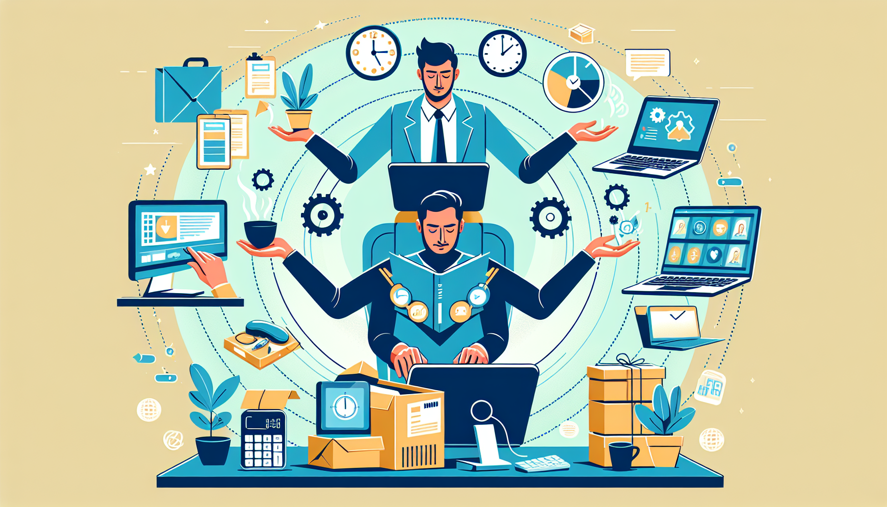 DALL-E prompt: Create an image that illustrates the concept of successfully managing multiple income streams. Show a person skillfully balancing different tasks such as typing on a laptop, teaching a class online, packaging e-commerce products, and attending a Zoom meeting for a remote customer service job. The setting should be an organized home office with elements like a planner, clock, and plant, symbolizing effective time management and a balanced approach to juggling various side hustles without burnout.