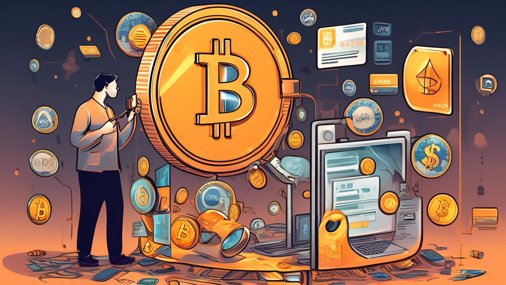 Create an image illustrating a person standing next to a large credit card, carefully reading through a magnifying glass the fine print. Surround the person are various symbols of cryptocurrencies like Bitcoin, Ethereum, and Ripple. Add caution signs and symbols of security, like a shield or padlock, to emphasize the importance of understanding fees, risks, and legal implications when buying crypto with a credit card.