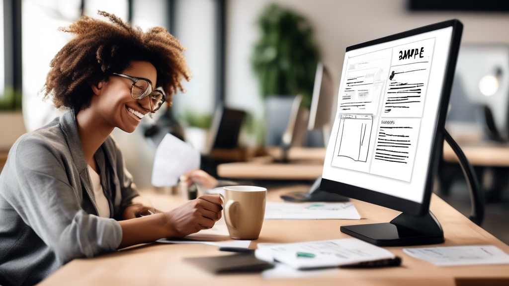 Create an image of a friendly and professional-looking workspace where a person is diligently drafting a privacy policy for an online store. The scene includes a computer screen showing a document titled Sample Privacy Policy, a coffee mug with the store