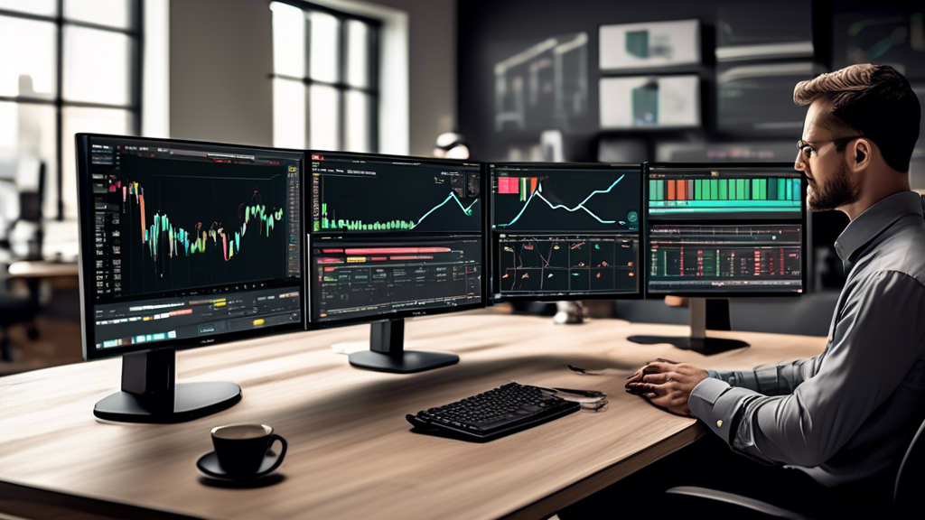 Create an image depicting a successful trader using Gemini Active Trader in a sleek, modern workspace. The scene should highlight a multi-monitor setup displaying trading charts, analytics, and portfolio performance. Annotations or overlay graphics show tips and best practices, such as ‘Optimal Account Configuration’ and ‘Success Stories’. Include elements like sticky notes with strategies and a coffee cup to signify late-hour trading dedication. The overall vibe should inspire confidence and professional success.