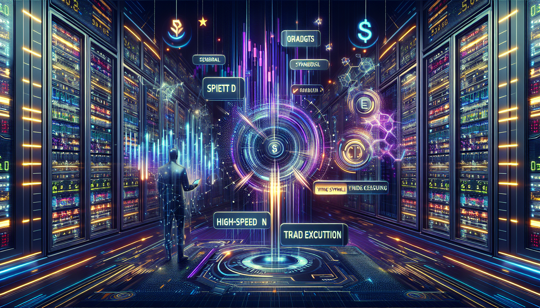 Create an image showing the Gemini Active Trader platform interface with a futuristic and sleek design that emphasizes high-speed trade execution. The background should feature glowing server racks and digital data streams to represent advanced technological foundations. There should be dynamic elements like fast-moving charts and graphs, conveying the rapid execution of orders, and a trader clicking swiftly on the Buy and Sell buttons, showcasing the speed advantage impacting trading strategies. Include subtle Gemini branding to ensure authenticity and relevance.

**Keyword: Gemini Active Trader, high-speed execution, server technology, fast orders.**
