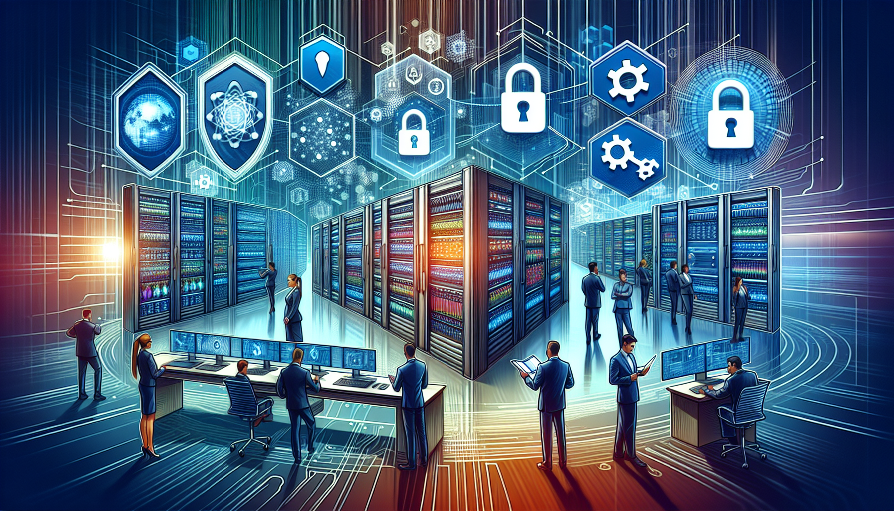 Create an image that represents the high levels of reliability and security offered by the Gemini Active Trader platform. Show a sleek, modern trading interface with multiple security layers like padlocks, shield icons, and encrypted data streams. Include confident, professional traders using the platform, with a background highlighting secure server rooms and high-tech infrastructure. Make sure to capture an atmosphere of trust and technological sophistication that conveys the safety and protection of user assets and data. Keywords: gemini active trader, security, protection, reliability, professional traders, high-tech infrastructure.