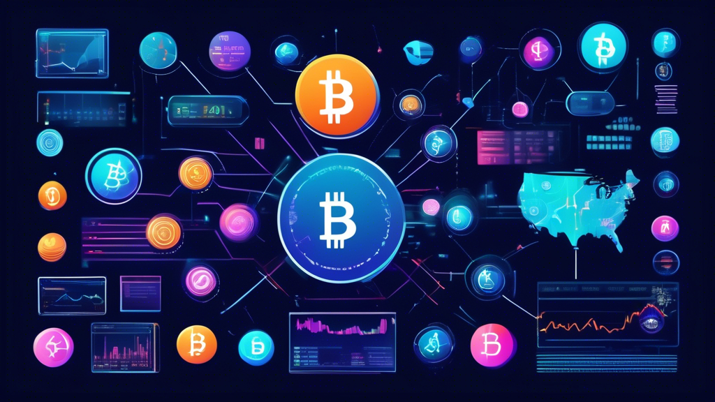 Create an image that illustrates the key components of crypto financial markets. Show a variety of major cryptocurrencies represented as digital coins (like Bitcoin, Ethereum, and Ripple), several types of exchanges and trading platforms (depicted as screens with various trading interface designs), and essential financial instruments such as smart contracts, futures, and decentralized finance (DeFi) platforms. Add a futuristic and tech-savvy background to convey the modern and digital nature of the crypto financial market.